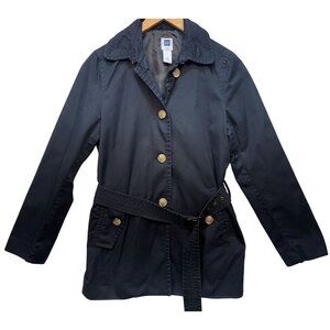 Gap Womens Trench Coat Medium Navy Tie Up Belt Long Sleeve Button Up Casual